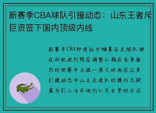 新赛季CBA球队引援动态：山东王者斥巨资签下国内顶级内线