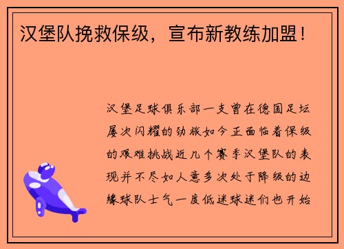 汉堡队挽救保级，宣布新教练加盟！